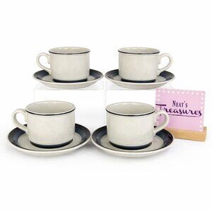 Noritake Versatone 11 SEABREEZE Blue Bands 8oz Flat Cups Mugs & Saucers Set 4